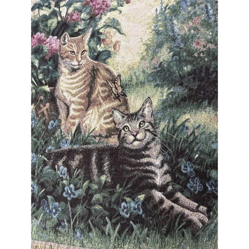 Vintage Linda Picken 1996 Cat Kitten Woven Tapestry Blanket Throw Fringe 68x51